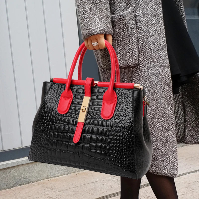 New Croc Texture Cowhide Tote Bag Women Red Contrast Handle Metal Lock Adjustable Crossbody Daily Handbag-3