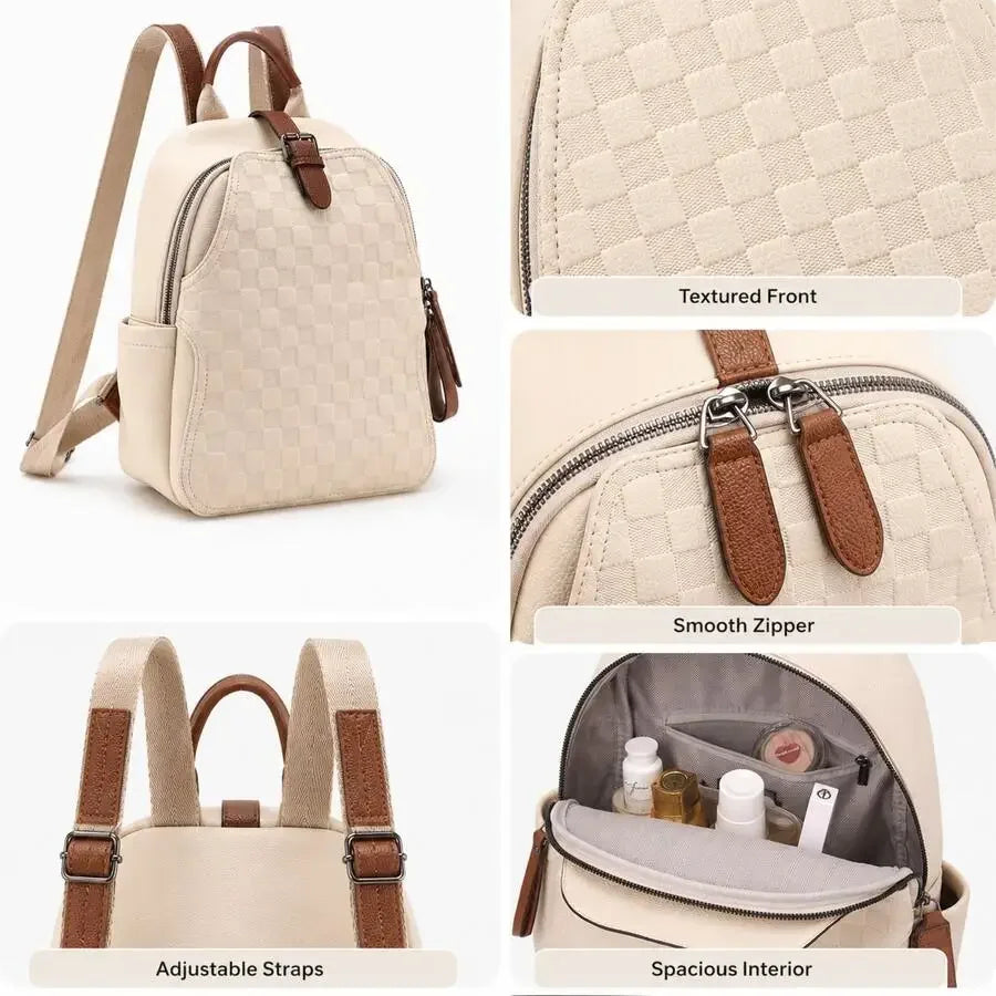 Womens Mini Checkerboard Faux Leather Backpack With Adjustable Straps For Daily Use Casual Outfits