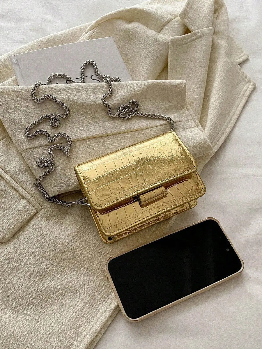 Mini Square Croc-Embossed PU Leather Crossbody Bag With Metal Chain Strap Flap Closure For Women-3