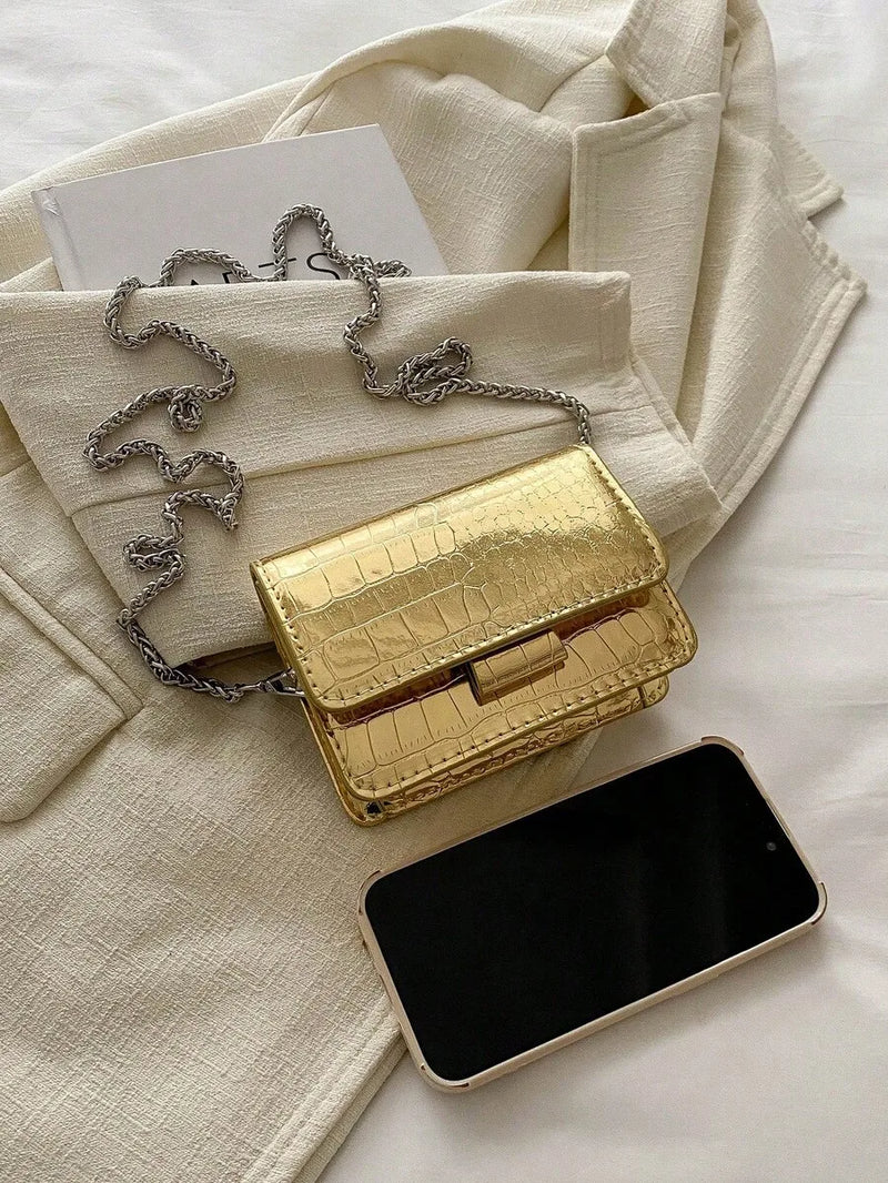 Mini Square Croc-Embossed PU Leather Crossbody Bag With Metal Chain Strap Flap Closure For Women-3