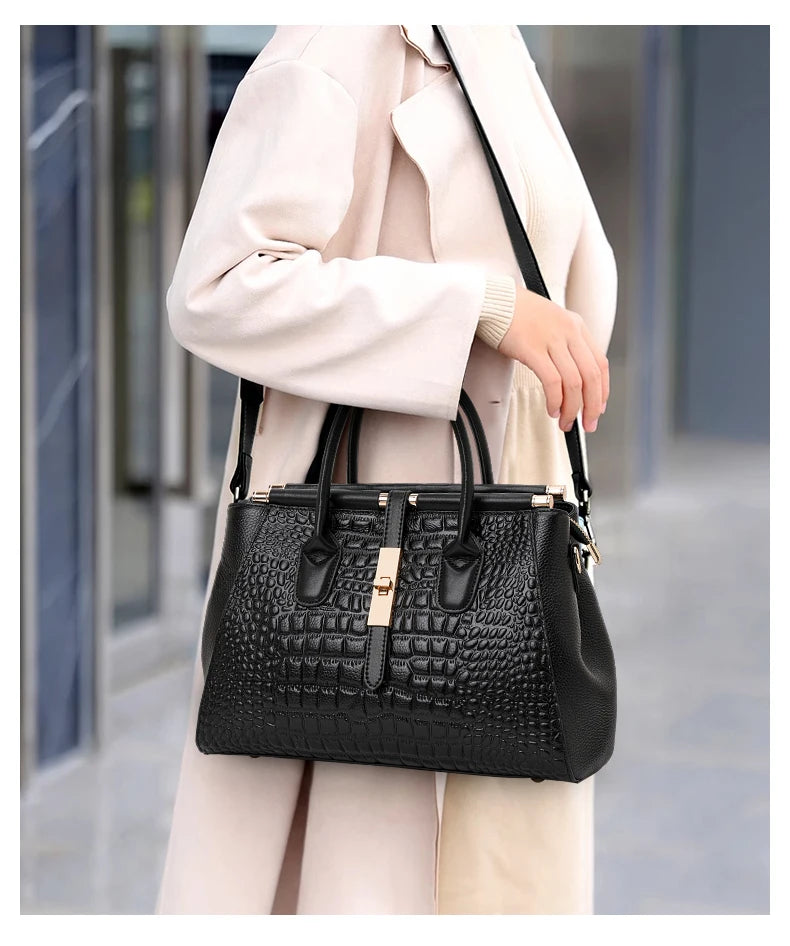 Classic Black Croc Print Cow Leather Handbag Ladies Metal Twist Lock Tote Bag With Detachable Crossbody Shoulder Strap-8