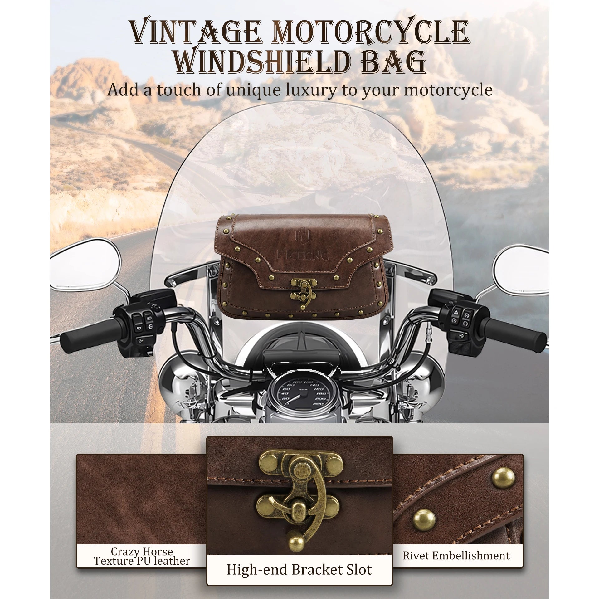 PU Leather Motorcycle Windshield Bag Vintage Storage Bag for Harley Road King FLHR '95-2024 Softail Heritage Classic Slim Custom