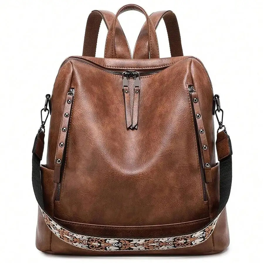 Vegan Leather Backpack For Women With Rivet Decoration And Floral Pattern-6