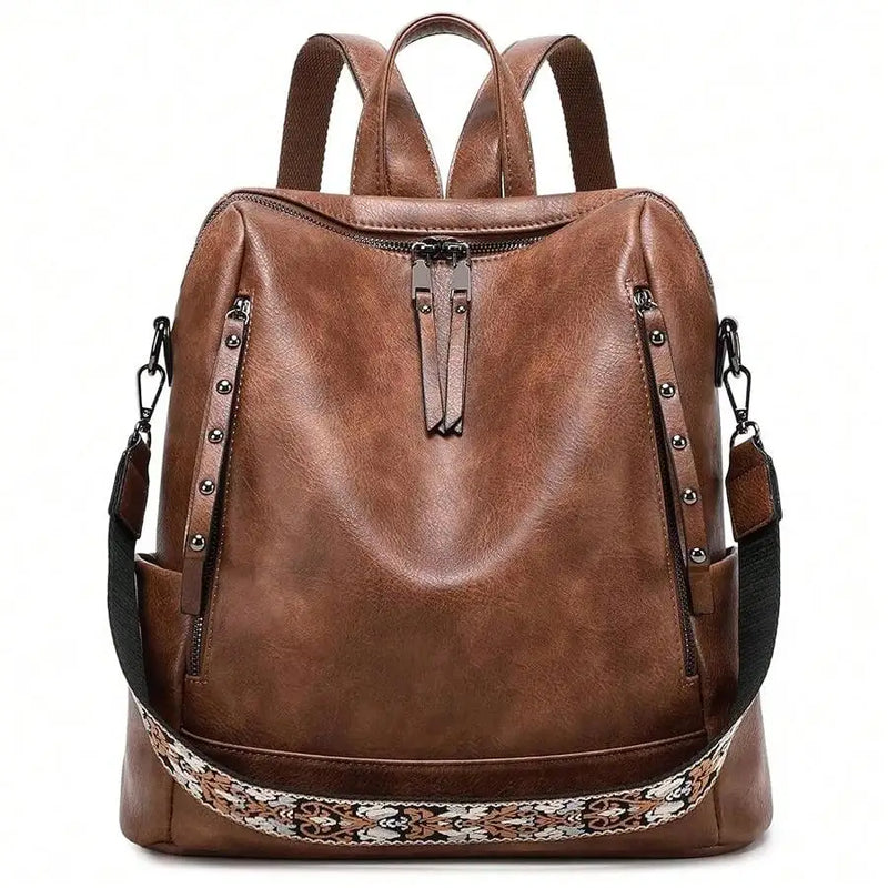 Vegan Leather Backpack For Women With Rivet Decoration And Floral Pattern-6