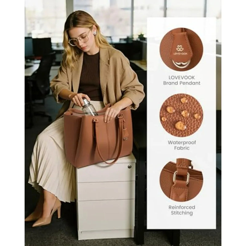 LOVEVOOK Laptop Tote Bag for Women Work Bags with Triple Compartments Large Faux Leather Computer Office Briefcase-12