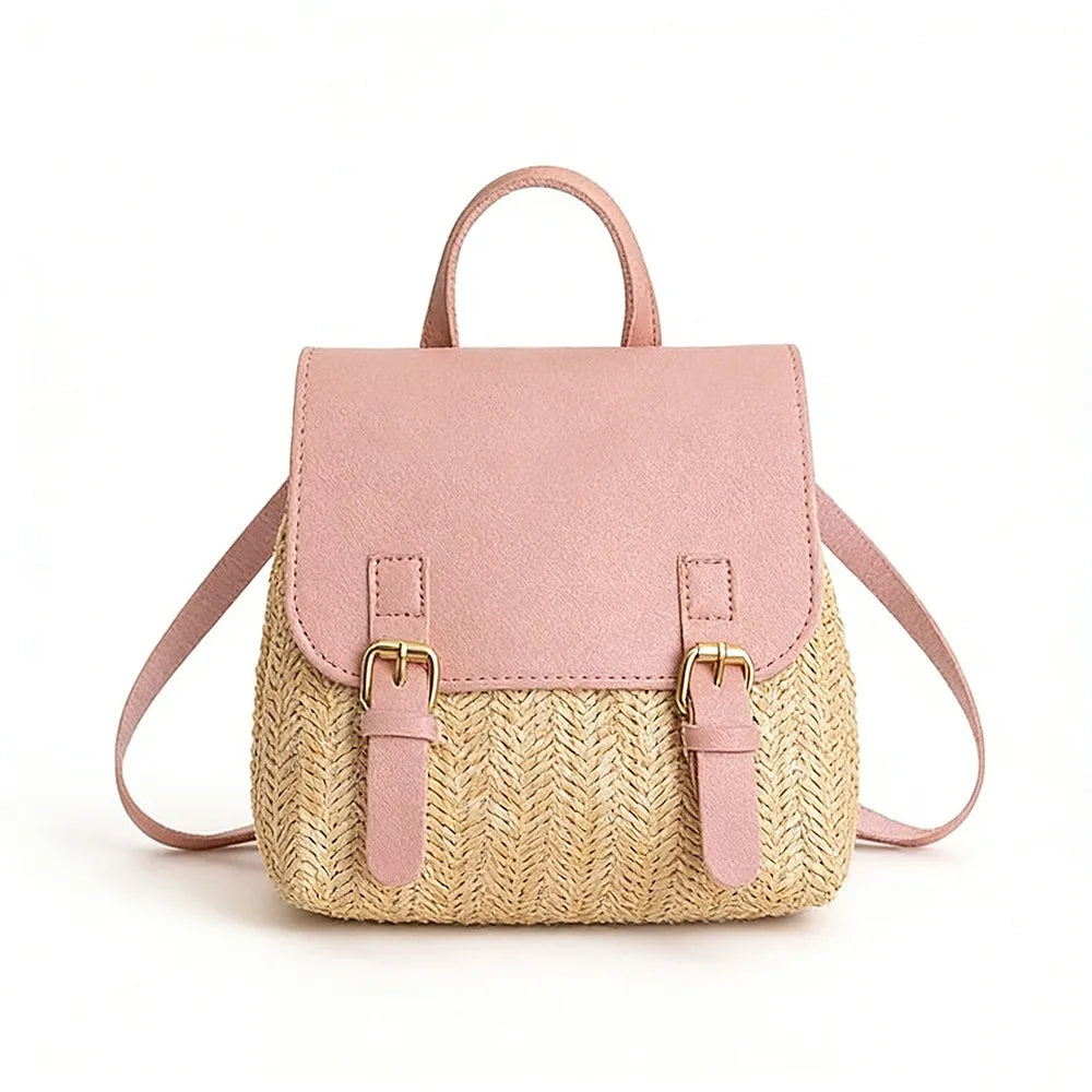 Fashion PU Leather Straw Backpack Retro Design Elegant Look Woven Backpack Luxury Vintage Style Satchel Bag All-match Style-20