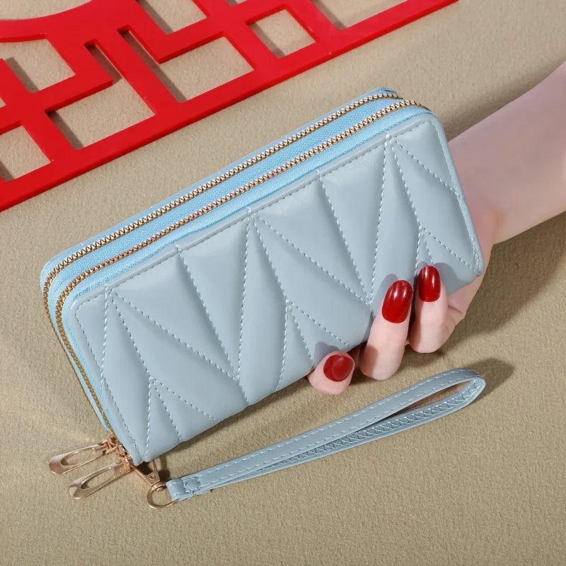 Classic Ladies Double Zip Long Wallet, Casual Style, Faux Leather, Card Holder and Change Bag, Nylon Lined, Zip Pocket-7