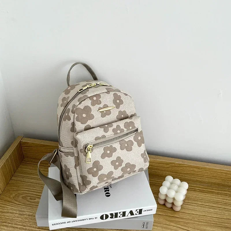 Floral Mini PU Backpack Small Capacity Multi Function PU Leather Double Shoulder School Travel Young Ladies Soft Sweet Bag-29