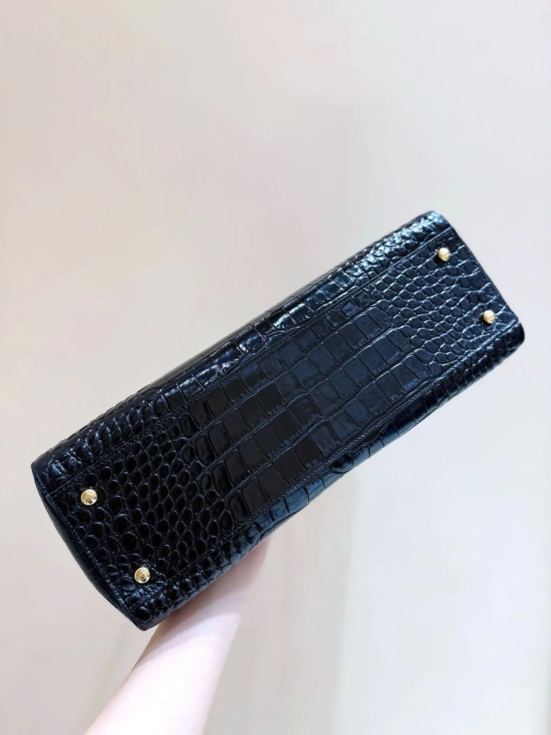 Glossy Black Croc Embossed Leather Tote Bag, Single Wide Top Handle Large Capacity Office Shoulder Purse, Luxury Designer Inspired Minimalist Business Women Daily Handbag-3