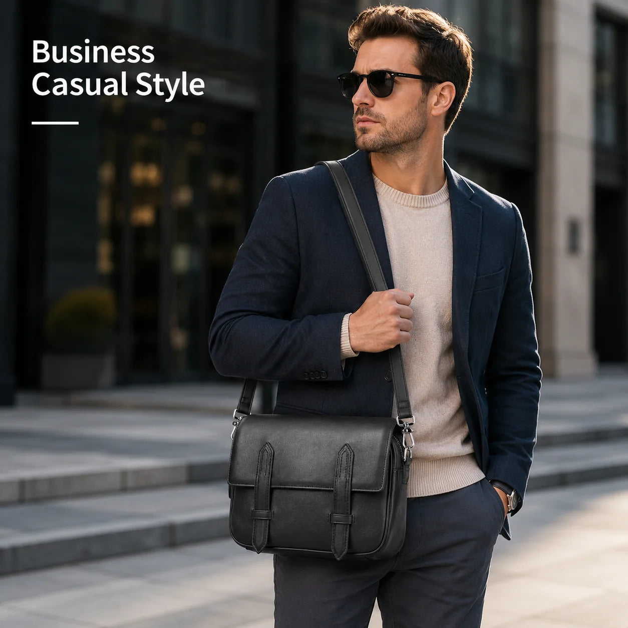 Luxury Men Messenger Bag Designer Smooth Leather Crossbody Shoulder Bag Flap Satchel Business Casual Purse High Quality Classic Black-6