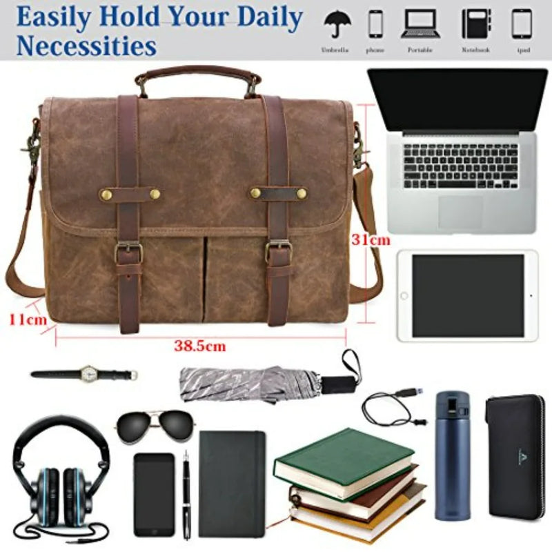 Mens Messenger Bag 15.6 Inch Waterproof Vintage Genuine Leather Waxed Canvas Briefcase Large Leather Computer Laptop Bag Rugged-3