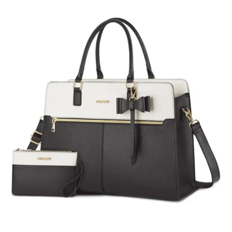 Laptop Tote Bag for Women, 15.6 inch Waterproof PU Leather Work Bag with Clutch Purse and Bowknot, Large Capacity Handbag Shoul-14