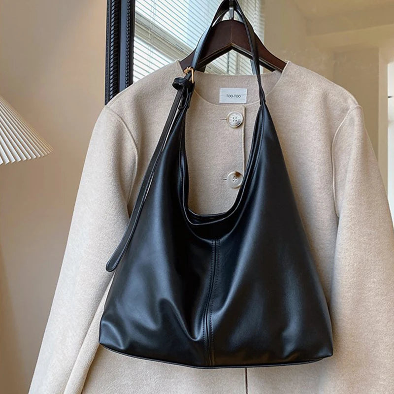 Women Hobo Bag Simple PU Leather Solid Shoulder Bag Fashion Large Capacity Tote Handbag Slouchy Underarm Bag-27