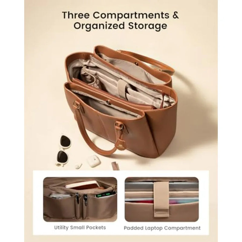 LOVEVOOK Laptop Tote Bag for Women Work Bags with Triple Compartments Large Faux Leather Computer Office Briefcase-3
