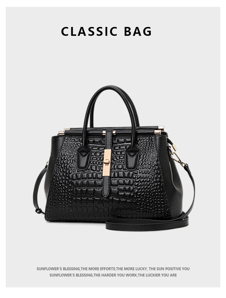 Classic Black Croc Print Cow Leather Handbag Ladies Metal Twist Lock Tote Bag With Detachable Crossbody Shoulder Strap-10
