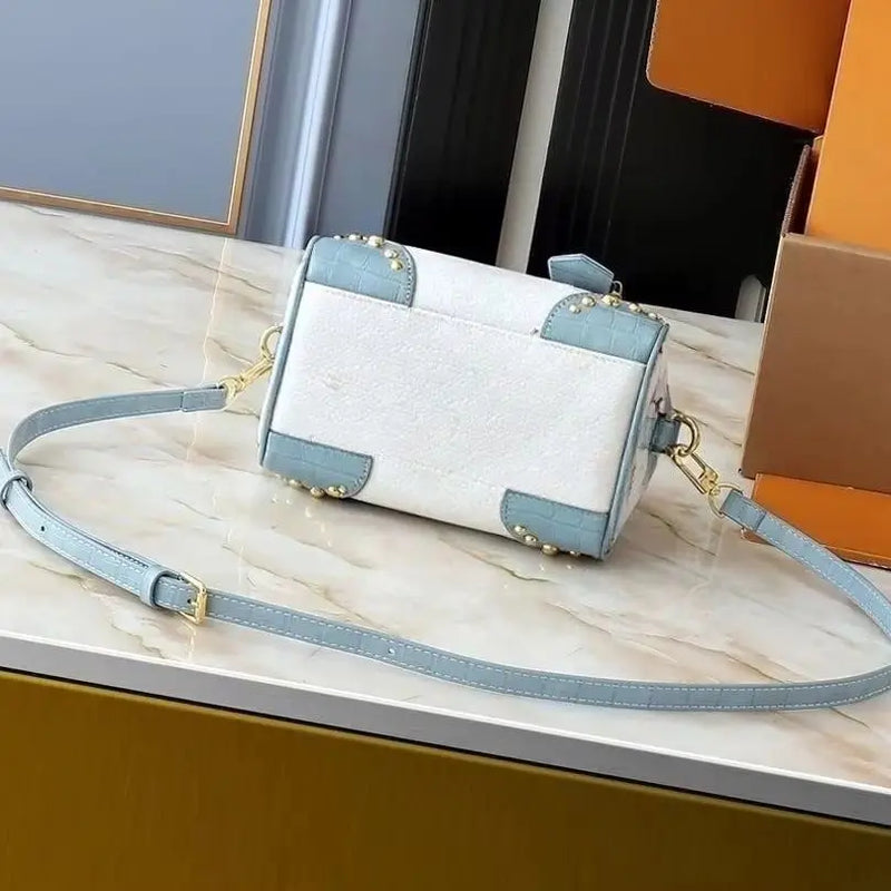 Two-Tone White Light Blue Croc Leather Mini Boston Bag, Bow Decor Gold Lock Key Rivet Detail Detachable Cross Strap Handbag.-2