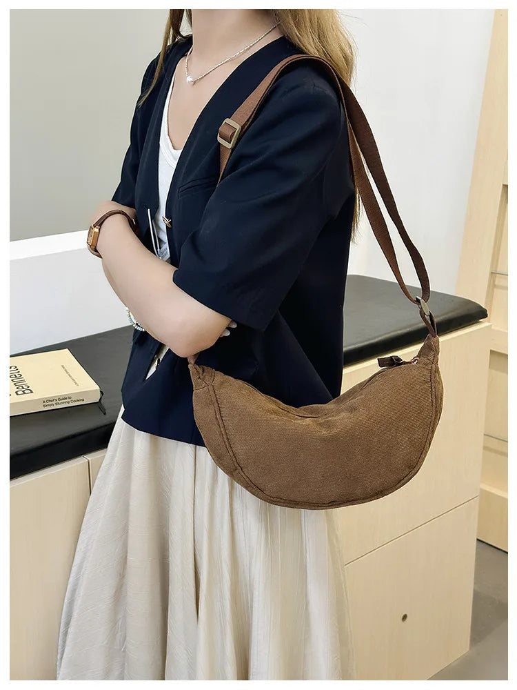 Solid Color Corduroy Women's Hobos Shoulder Bag Retro Casual Female Crossbody Bags Ladies Daily Travel Handbags Messenger Bag-27