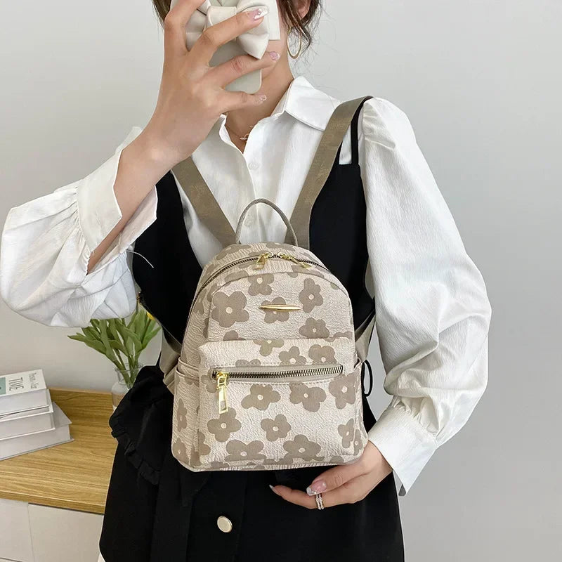 Floral Mini PU Backpack Small Capacity Multi Function PU Leather Double Shoulder School Travel Young Ladies Soft Sweet Bag-22