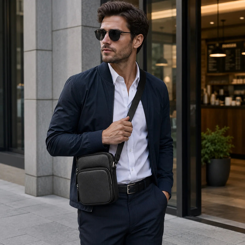 Luxury Men Small Crossbody Bag Designer Saffiano Leather Messenger Mini Square Sling Purse Business Phone Pouch Classic Black-6