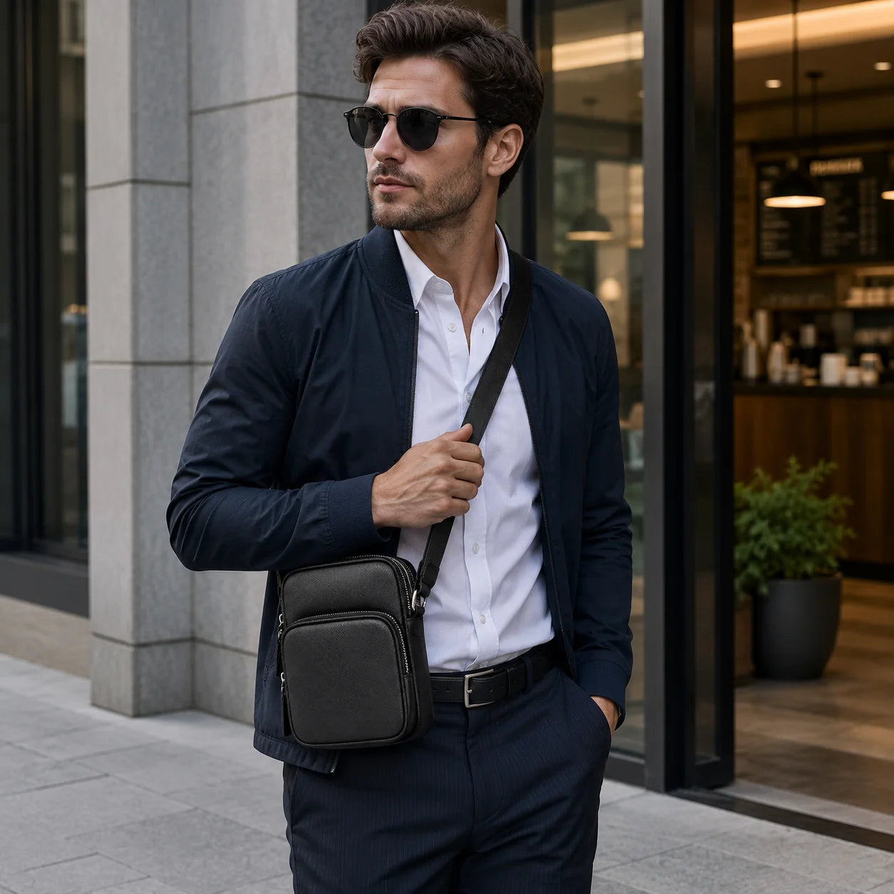 Luxury Men Small Crossbody Bag Designer Saffiano Leather Messenger Mini Square Sling Purse Business Phone Pouch Classic Black-14