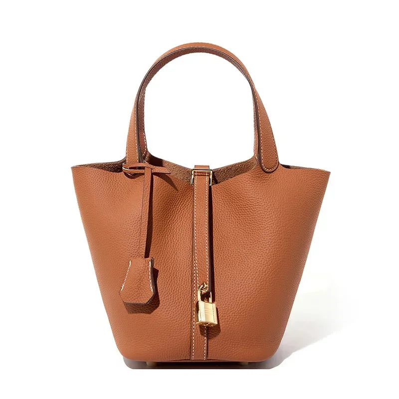 2025 Casual Fashion Female Genuine Leather Bucket Bag Luxury Handbag High-End Tote Bag Woman Cow Leather Mommy Bag & Metal Lock-36