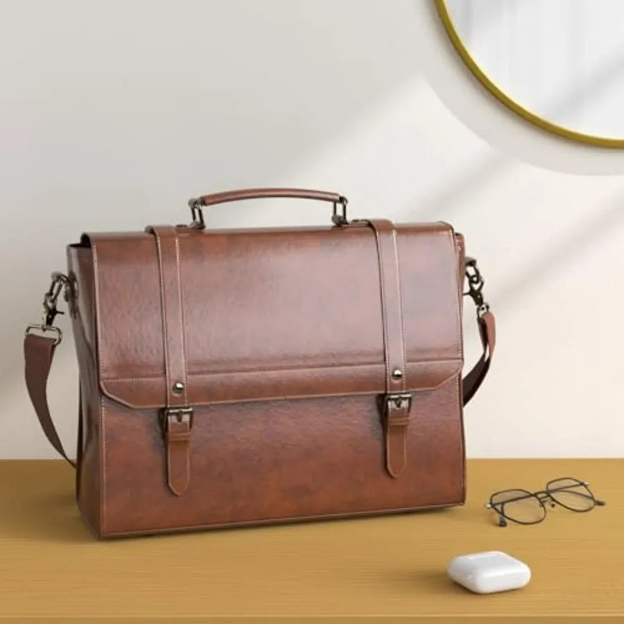 Messenger Bag for Men Vintage Leather Waterproof Laptop Briefcase Large Computer Laptop Bag Leather Satchel Bag Retro Shoulder-3