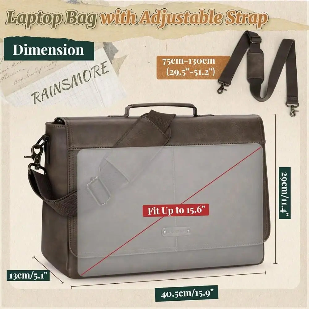 Vintage Flap Messenger Bag For Men PU Leather Laptop Bag 15.6 Inch Mens Briefcase Waterproof Satchel Computer Bag-12