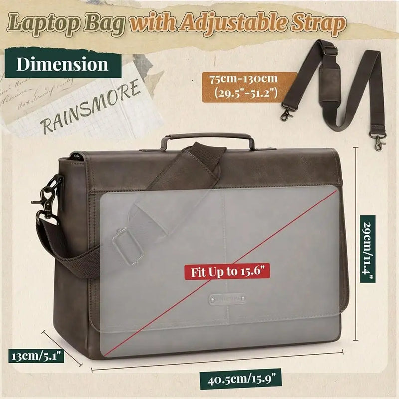 Vintage Flap Messenger Bag For Men PU Leather Laptop Bag 15.6 Inch Mens Briefcase Waterproof Satchel Computer Bag-12
