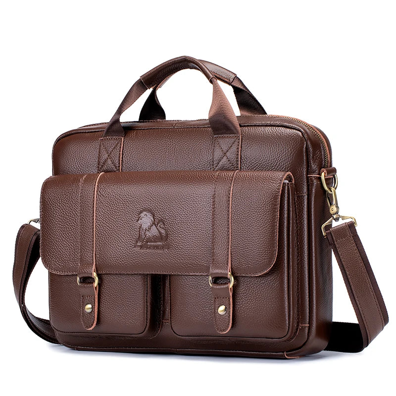 Genuine Leather Men Briefcase Double Front Pockets Large Capacity Laptop Bag Diagonal Cross Shoulder Handbag-21