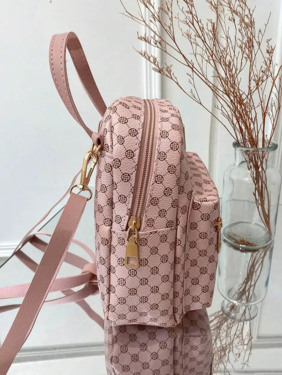 Womens Mini Printed Faux Leather Backpack With Adjustable Strap Casual Zipper Bag Pink-3
