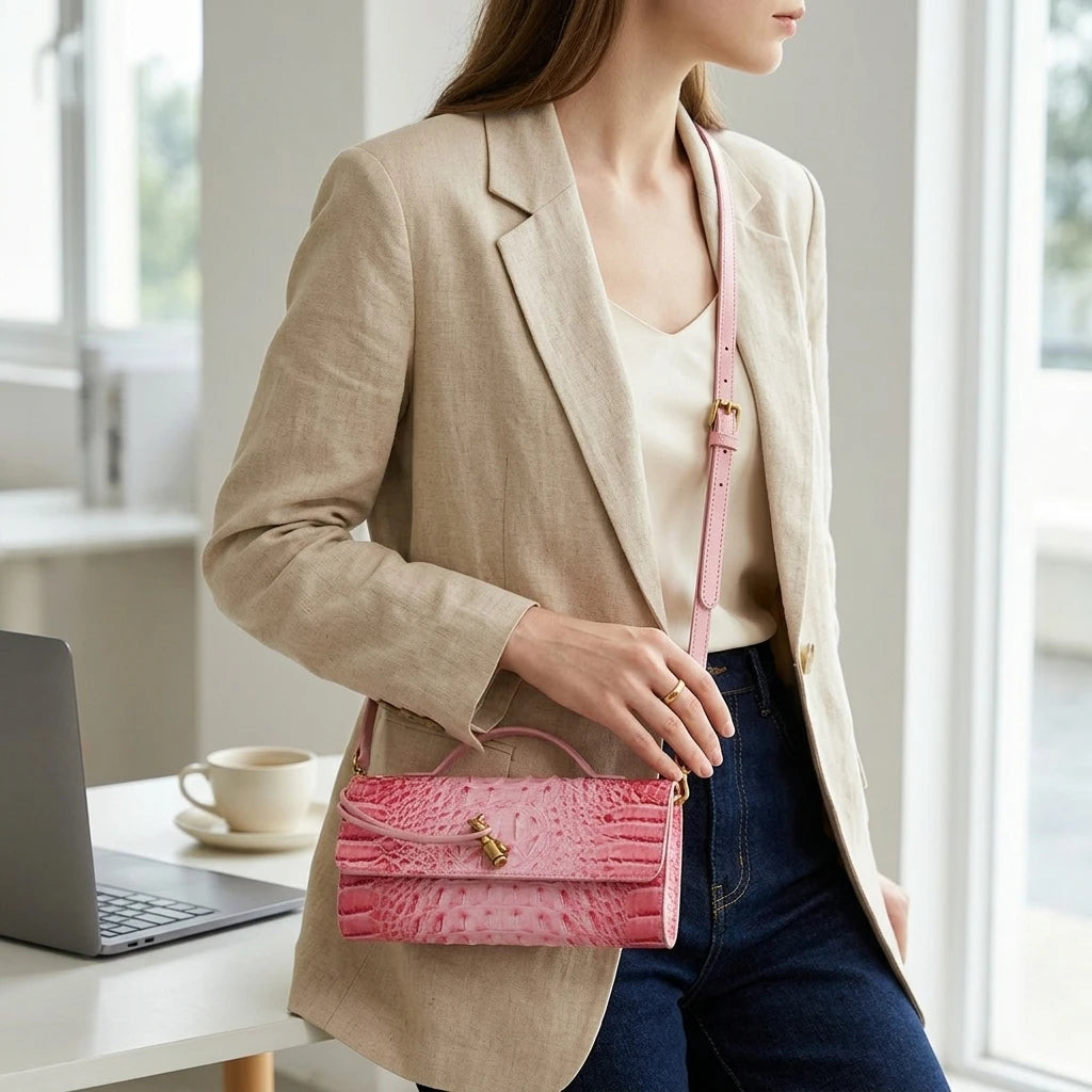 Crocodile Embossed Rectangular Clutch Handbag with Top Handle & Detachable Crossbody Strap, Twist Lock Flap Shoulder Bag for Outdoor Camping Beach Travel Wedding Occasions, Large Capacity Portable Shoulder Purse Holding Smart-9
