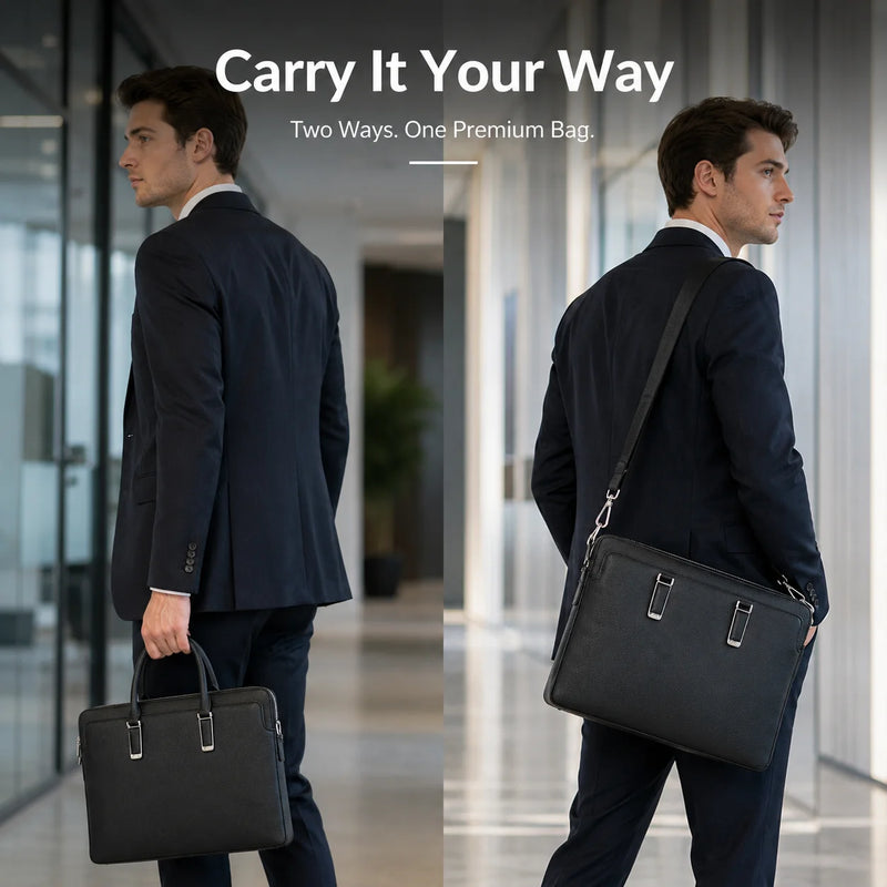 Classic Mens Top Handle Bags Black Genuine Leather Briefcase Business Office Travel Shoulder Bags Luxury Laptop Handbags for Men Work-6