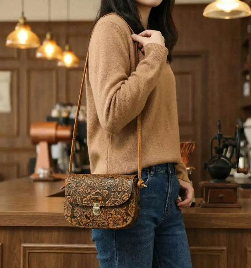 Vintage Crazy Horse Leather Shoulder Crossbody Bag, Leather Saddle Bag, Cell Phone Bag, Embossed Craftsmanship-3