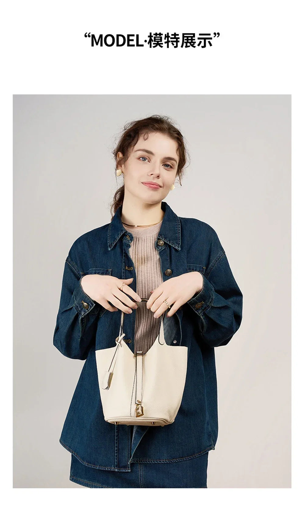 2025 Casual Fashion Female Genuine Leather Bucket Bag Luxury Handbag High-End Tote Bag Woman Cow Leather Mommy Bag & Metal Lock-18