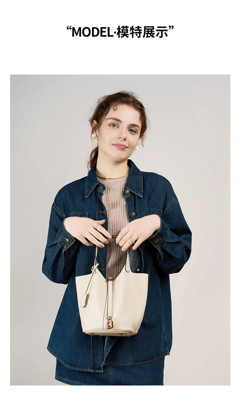 2025 Casual Fashion Female Genuine Leather Bucket Bag Luxury Handbag High-End Tote Bag Woman Cow Leather Mommy Bag & Metal Lock-18