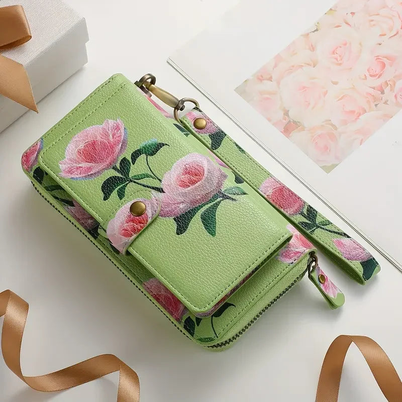 Elegant Floral PU Leather Clutch Wallets for Women- Zipper Handbag Fashion Large Capacity Long Wallet Clutch Bag Phone Bag Multi-card Card Holder Coin Purse for Women Wallet Set Includes bow accessory-9