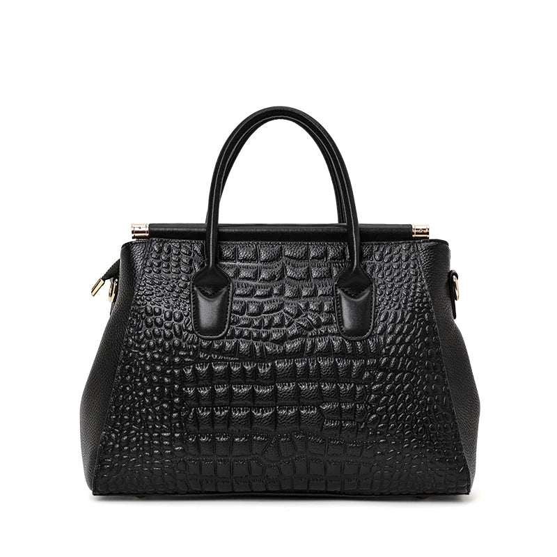 Classic Black Croc Print Cow Leather Handbag Ladies Metal Twist Lock Tote Bag With Detachable Crossbody Shoulder Strap