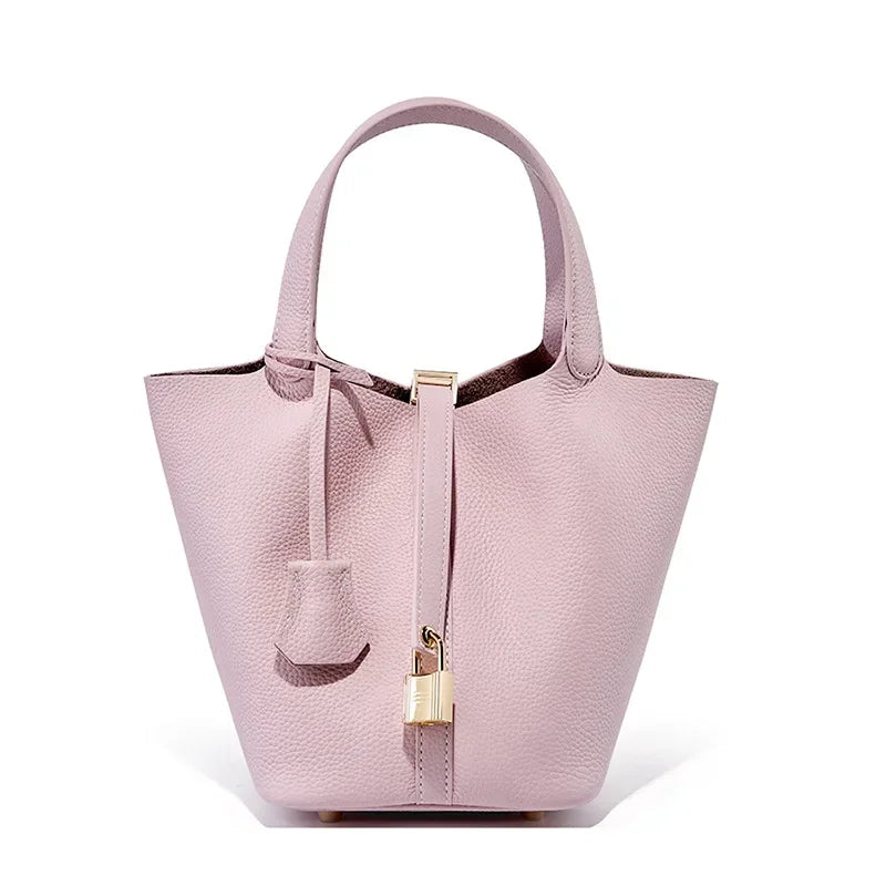 2025 Casual Fashion Female Genuine Leather Bucket Bag Luxury Handbag High-End Tote Bag Woman Cow Leather Mommy Bag & Metal Lock-37