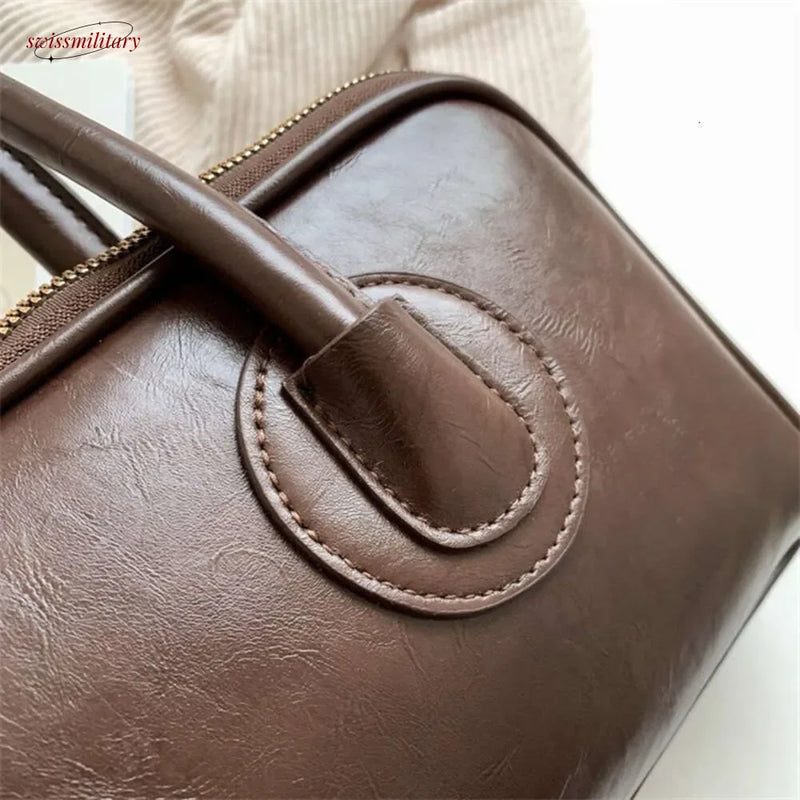 2025 New Boston Pillow Tote Women Real Leather Retro Bowling Bag Designer Handbag Large Capacity Crossbody Bags #54-12