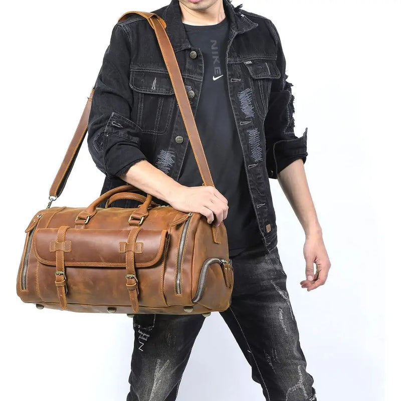 Light Brown Genuine Leather Weekender Bag for Men: Travel & Gym Duffle-3