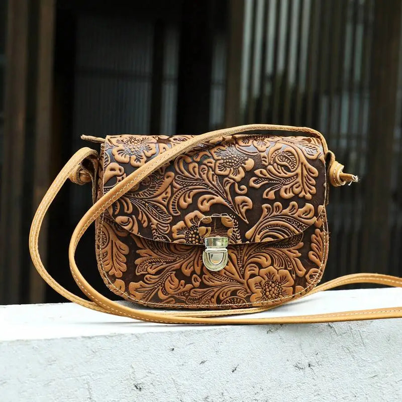 Vintage Crazy Horse Leather Shoulder Crossbody Bag, Leather Saddle Bag, Cell Phone Bag, Embossed Craftsmanship-1