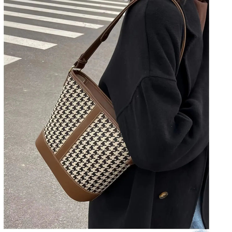 Houndstooth bucket shoulder bag with brown leather trim, adjustable shoulder strap, large-capacity vintage women's tote handbag.-1