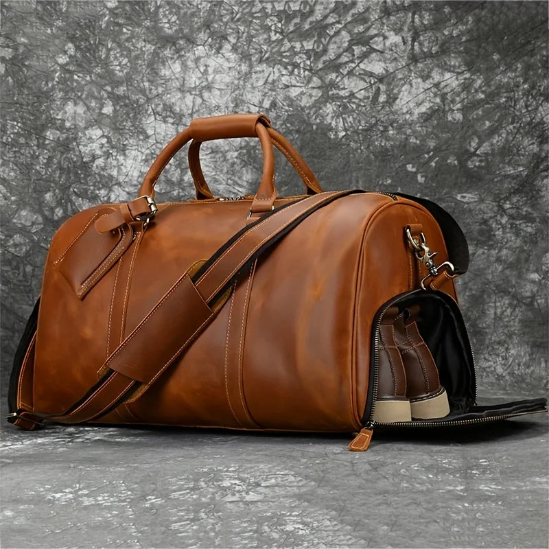 Crazy Horse Leather Real Leather Travel Bag Christmas Vacation Luggage Handbag Tote Bag Cowhide Real Leather with Shoe Compartment Travel Bag-16