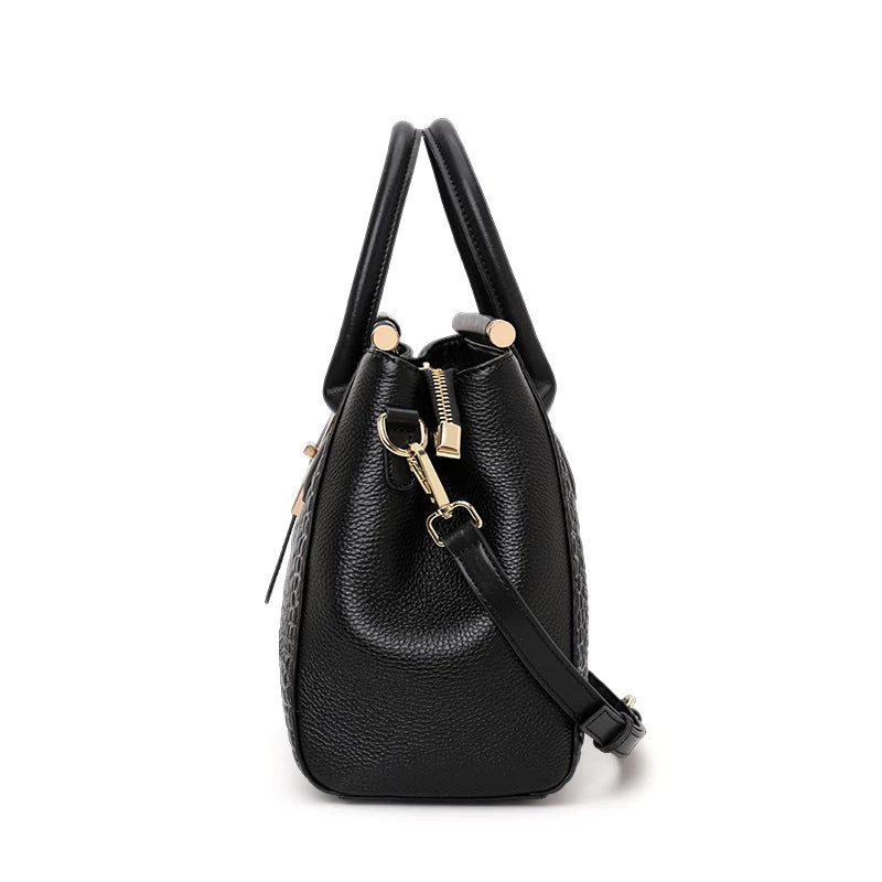 Classic Black Croc Print Cow Leather Handbag Ladies Metal Twist Lock Tote Bag With Detachable Crossbody Shoulder Strap-4