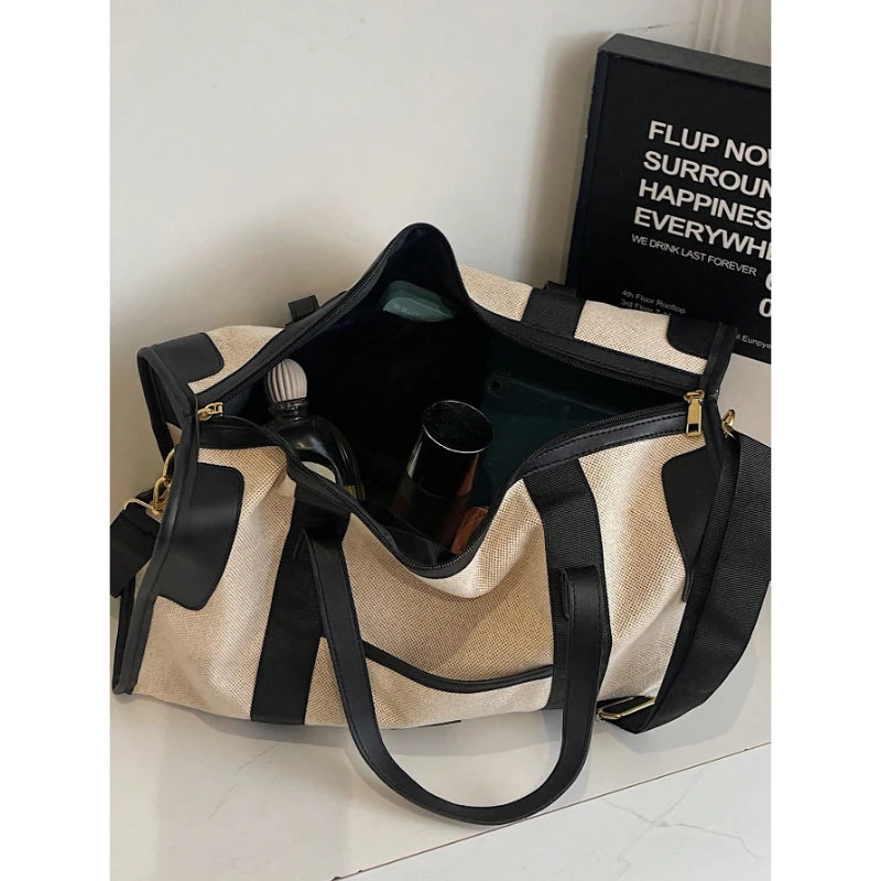 Large Duffel Bag Travel Contrast Color Boston Shoulder Bag Black Brown Beige for Luggage Suitcase-14