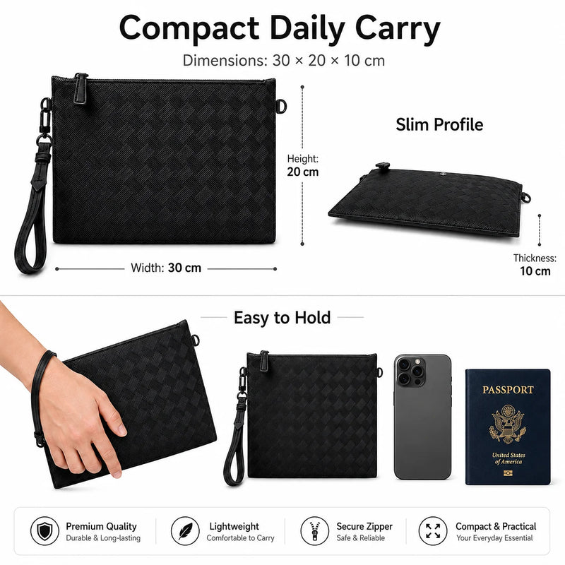 Men's Clutch Bag Luxury Designer Woven Leather Wristlet Handbag Black Business Envelope Purse Large Capacity Zipper Premium Hand Bag For Man Daily & Office Use-4
