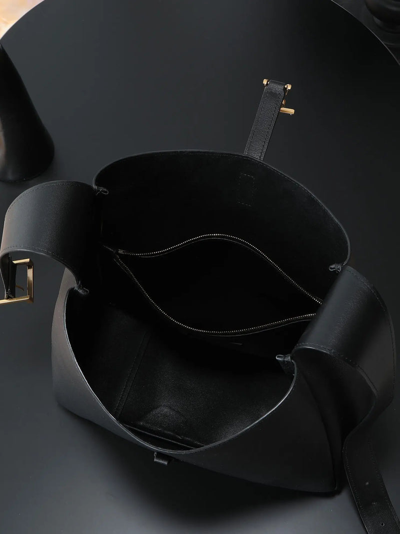 Large black soft-grain leather shoulder tote, with an adjustable wide strap and an open-top design.-6