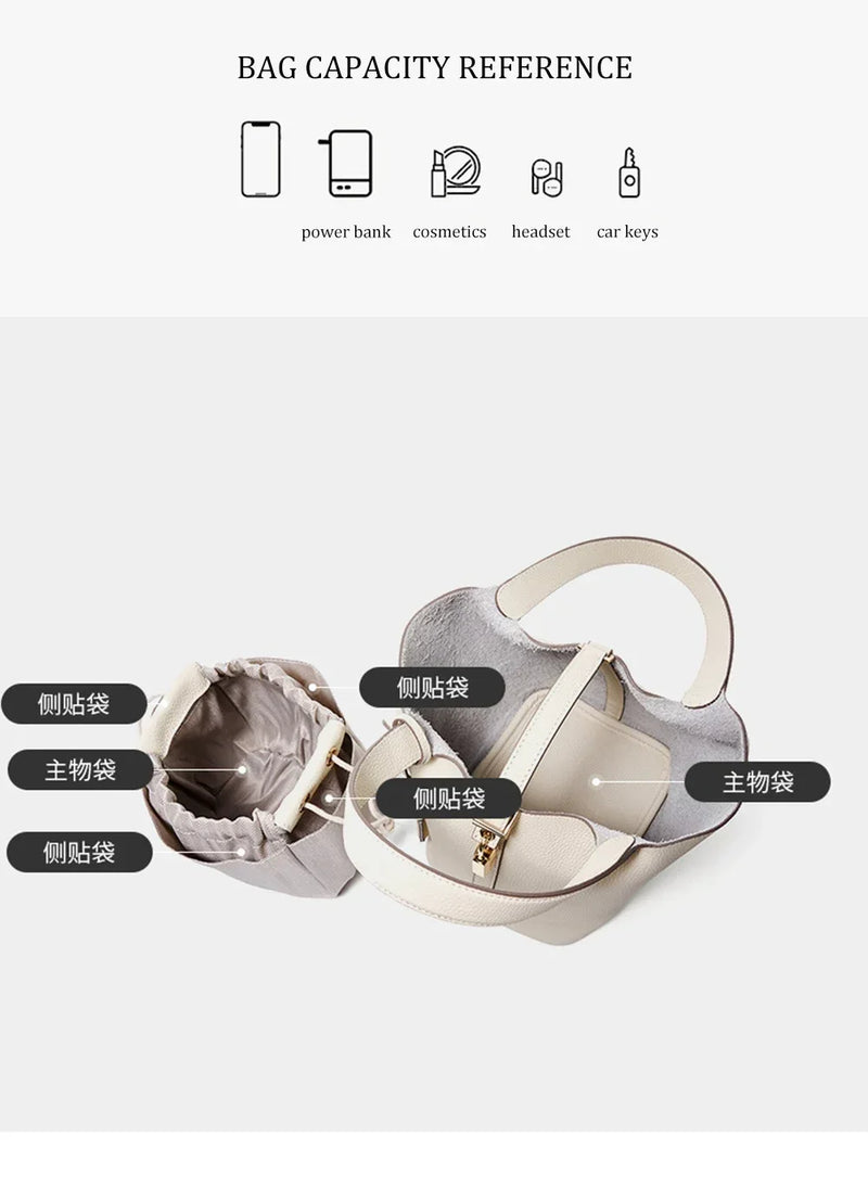 2025 Casual Fashion Female Genuine Leather Bucket Bag Luxury Handbag High-End Tote Bag Woman Cow Leather Mommy Bag & Metal Lock-27