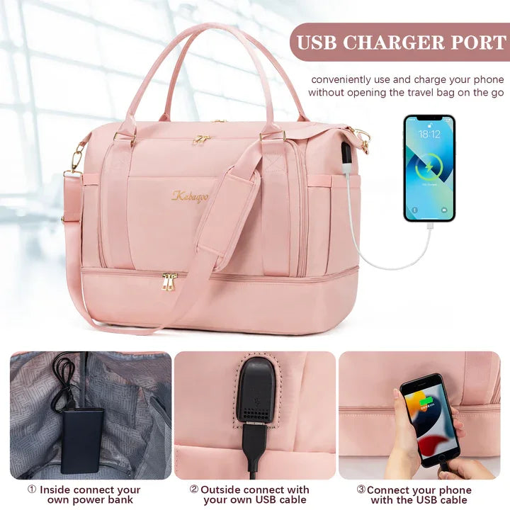 2PC Large Capacity Travel Duffle HandBag Weekender Bag For Women Gym Bag with USB Charging Port Shoe Compartment Carry on Overnight-11