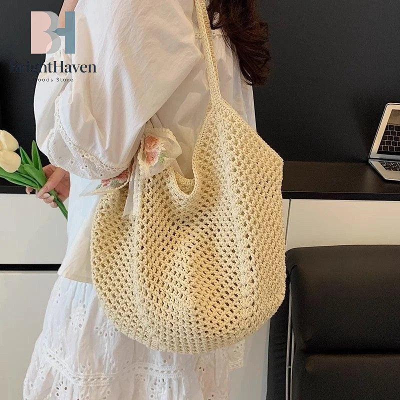 Handmade Wicker Tote Bag Large Capacity Single Shoulder Natural Rattan Casual Light Beach Vacation Daily Women Messenger Bag-3